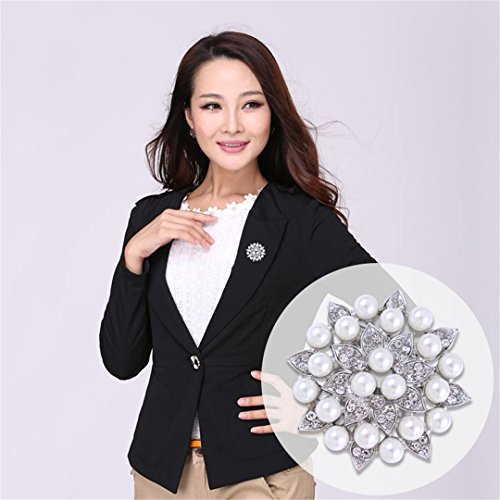 45MM Elegant Beaded Simulated Pearl Petal Flower Brooch Silver Tone Jewelry Wedding Pin Broches Trendy, Item No.: BH8363 White