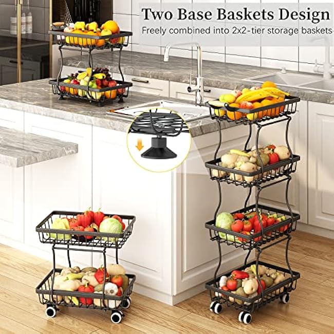 4 Tier Slim Fruit Basket for Kitchen, Stackable Metal Wire Fruit Vegetable Storage Baskets Organizer Stand on Wheels, Produce Basket Potato Onion Storage Bins Rack for Pantry. (Black)