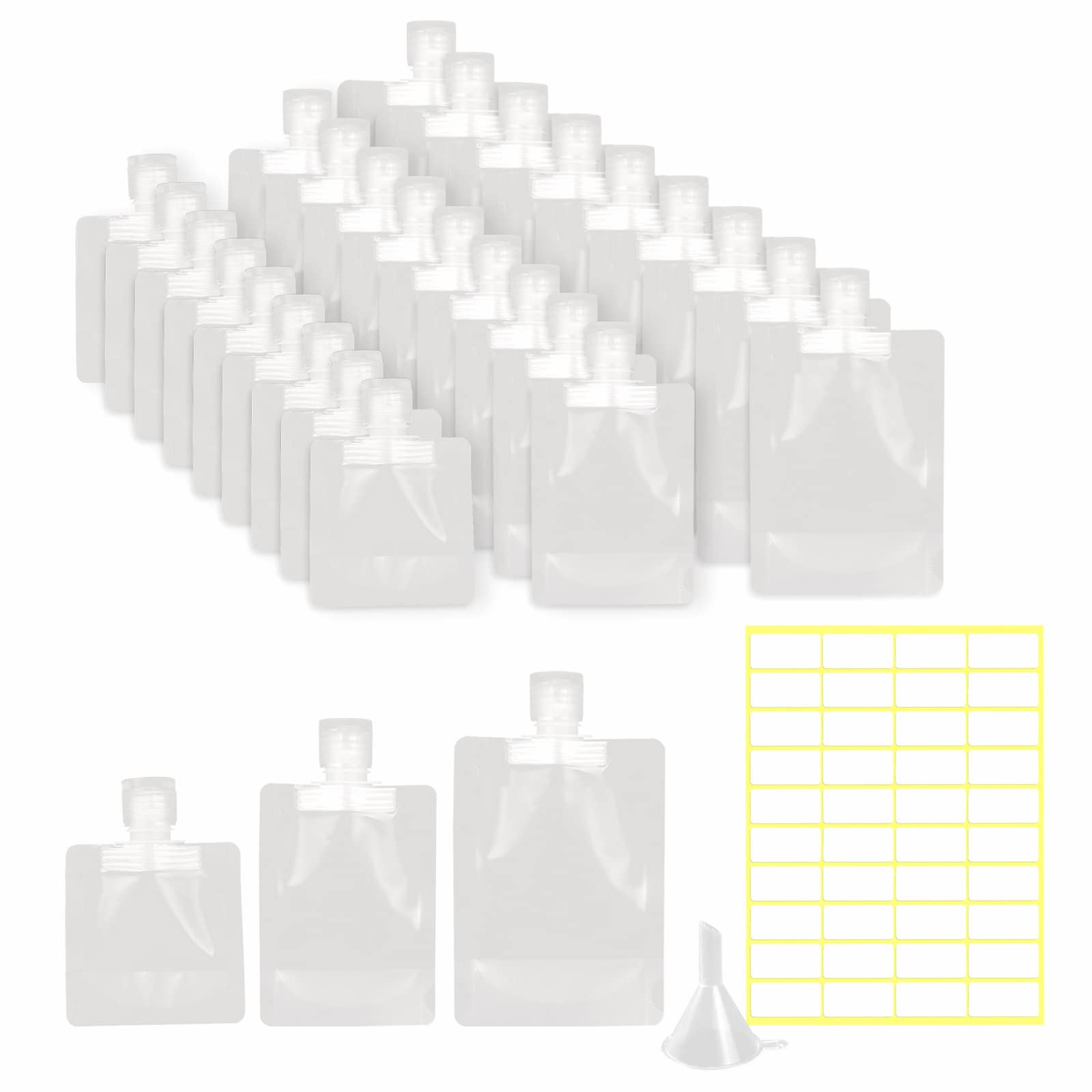 TuciykeRefillable Travel Pouches,30 Pack Travel Size Refillable Empty Squeeze Pouch 3 Sizes 30ml/50ml/100ml Leakproof Cosmetic Containers for Lotion,Shampoo,Shower Gel