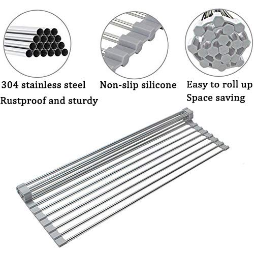 Roll Up Dish Drying Rack, Over The Sink Dish Drying Mat, Large Silicone Stainless Steel Dishes Drainer, Foldable Drain Rack For Kitchen 17.8" L X 11.3" (Gray) #TOP4