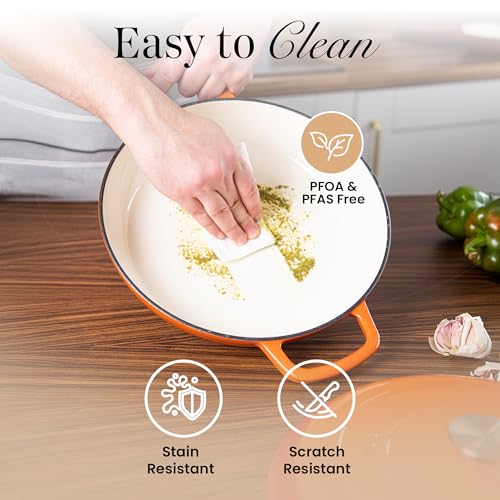 Shallow Cast Iron Casserole with Lid – Non Stick Dutch Oven Pot, Oven Safe up to 500° F – Sturdy Ovenproof Stockpot Cookware – Enamelled Cooking Pot – Orange, 3.7-Quart, 30cm – by Nuovva - Image 5