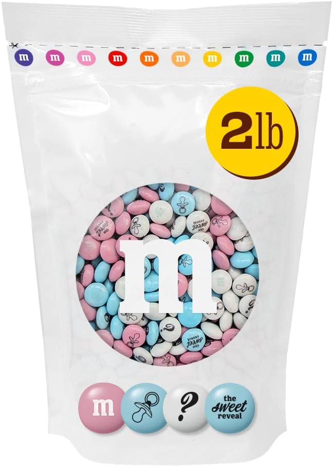 M&M'S Gender Reveal Milk Chocolate Candy 2lb Bag with Blue, Pink, and White M&M'S for Baby Showers, Gender Reveal Parties and New Baby Favors