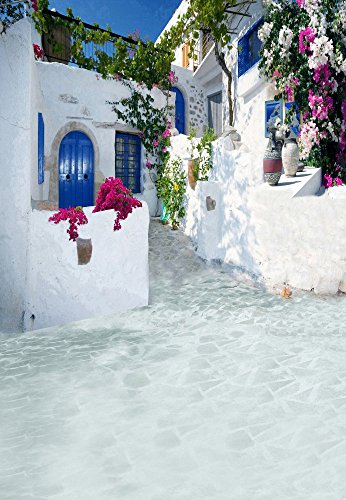 Laeacco 6x8ft Greece Backdrop Aegean Sea Greek Architecture Natural Landscape Photography Background White Stone House Flowers Valentine's Day Bridal Shower Romantic Wedding Photo Girls Portrait