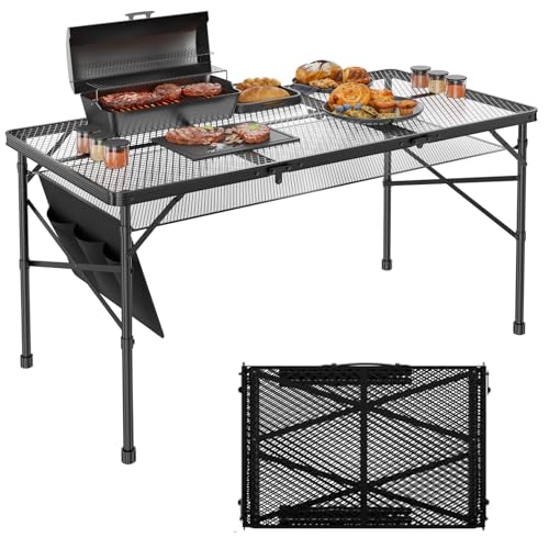 WildFinder Folding Gril Table, 4x2 FT Camping Table with Mesh Desktop,Height Adjustable Folding Grill Table with Mesh Bag,Portable Outdoor for Picnic,Camping,BBQ,Beach(Black)