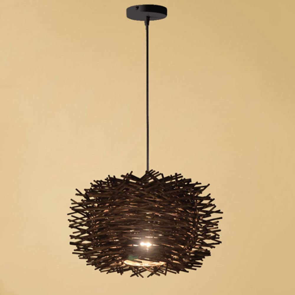 LYMSXAZOU Natural Bamboo And Rattan Woven Hanging Lamp Decorative Wicker Chandelier E27 Pendant Lighting Fixture Bird's Nest Lampshade Wooden Boho Decor For Kitchen Island Dining Farmhouse