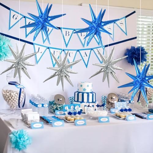 Image of TONIFUL 8 Pcs Blue and Silver Explosion Star Foil Balloon Party Decoration | 22 Inch Large Mylar Star Balloon for New Year Christmas Winter Wedding Baby Shower 30th 40th Men's Birthday Party Decor