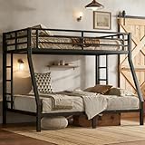 Bellemave Twin Over Full Bunk Bed with Ladders, Metal Bunk Beds Frame with Full-Length Guardrails, Heavy-Duty Bunkbed for Bedroom, Guest Room, Dorms, Noise-Reduce and No Spring Box Needed, Black