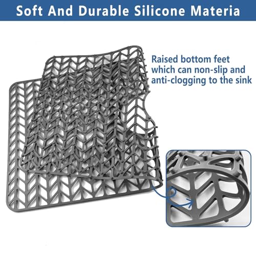 Image of AWOKE Large Silicone Sink Protectors for Kitchen Sink, 30 inch x 16 inch Center Drain Hole, Sink Mat for Bottom of Farmhouse Kitchen Stainless Steel Sinks, Raised Feet /Heat Resistant /Non-slip (Gray)