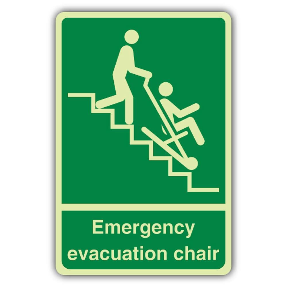V Safety Photoluminescent Emergency Evacuation Chair Safety Sign - 150 x 225 mm - 1.2mm Rigid Plastic - Triple Glow