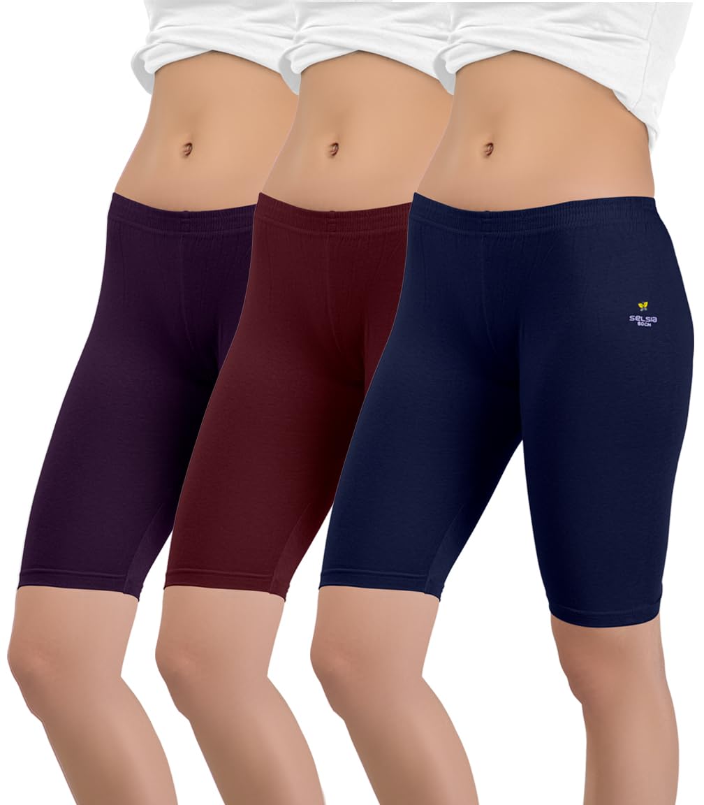 Selsia Women's Cotton Regular Fit Cycling Shorts | Pack of 3 | (Multi Color)