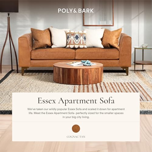 Image of Poly & BARK Essex 74 inch Leather Apartment Sofa - Mid-Century Tufted Design, Full-Grain Italian Leather, Feather-Down Cushions, Cognac Tan