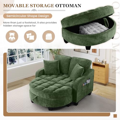 Image of Oversized Chair and A Half, Chenille Tufting Accent Cozy Reading Sofa Chair with Storage Ottoman, Upholstered Loveseat Chaise Lounge Sofa with Adjustable Back for Living Room, Office, Sunroom, Green