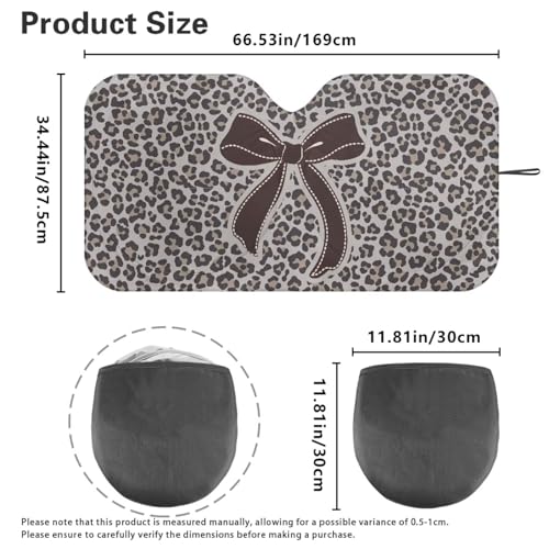 Image of Bow Leopard Print Car Front Windshield Sun Shade, Windshield Sunshade Front Window Cover Blocks UV Rays Sun Visor Fit Most Car, Truck, SUV, or Van 66.53 L x 34.44 inch W