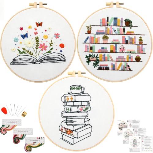 Image of Armindou Flowers Embroidery Kits for Beginners Adults, Hand Embroidery Set Needlepoint Kits, Floral Book Stamped Cross Stitch Kits for Beginners Adults, 3 Embroidery Hoops (Attached Video Tutorial)