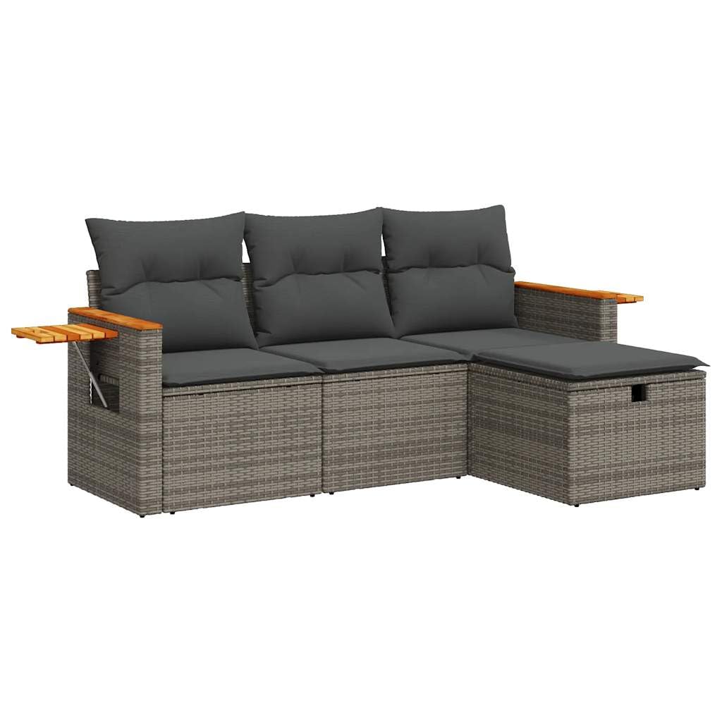 4-TLG. Garten-Sofagarnitur mit Kissen mit Stauraum Grau Poly Rattan