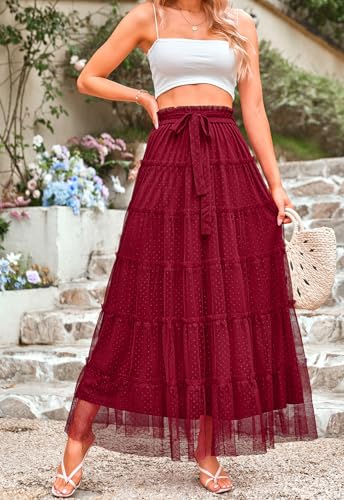 Long Skirts for Women 2025 Fall Casual Tulle Swiss Dots A-Line Flowy Ruffle Tiered High Waist Maxi Skirt Vacation Outfits