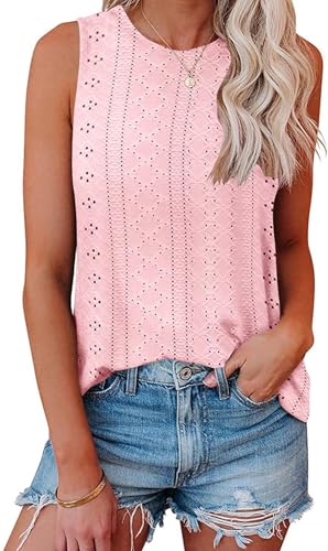 Bliwov Camiseta sin mangas para mujer, con ojales, bordada, sin mangas, para mujer, casual, ajuste holgado, cuello redondo, camiseta básica, Rosado, S