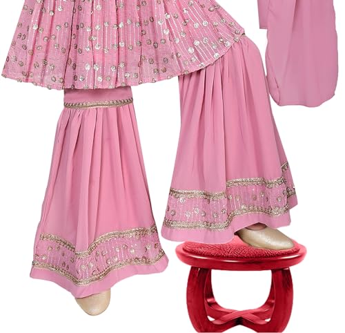 Kids Baby Girls Indian Ethnic Kurta Plazzao Dress Set, Fine Georgette Fabric, Embroidery and Sequin Work3
