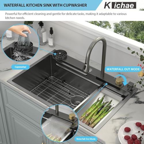 Image of Kichae 36 Black Kitchen Sink Drop In Waterfall Stainless Steel 16 Gauge