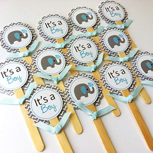 Baby Boy Elephant Cupcake Toppers - It's A Boy Baby Shower Party Supplies In Blue Grey - Set Of 12 #TOP5