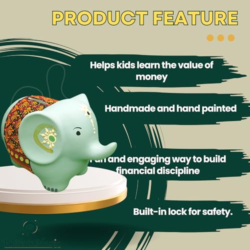 Image of Potter's Magic Ceramic Hand Painted Elephant Piggy Bank with Lock | Modern Lucky Money Bank | Piggy Bank for Womens | Mitti Ka Gullak | kiddy Bank for Boys & Girls (Without Glaze)