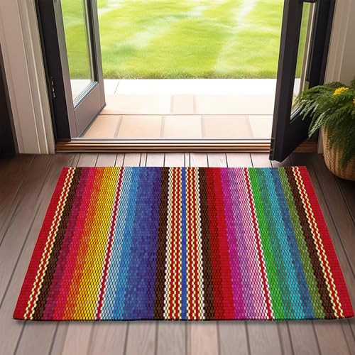Front Door Mat,Mexican Indoor Outdoor Entrance Ethnic Stripes Rainbow...