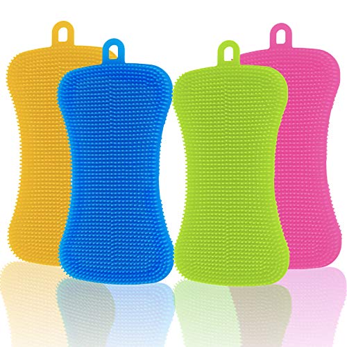 Silicone Sponge, Dish Washing Kitchen Scrubber, Washing Gadgets Tools Cleaning Brush, Multipurpose Better Sponges for Dish Double Sided Silicone Sponge Brush (4 Pack)