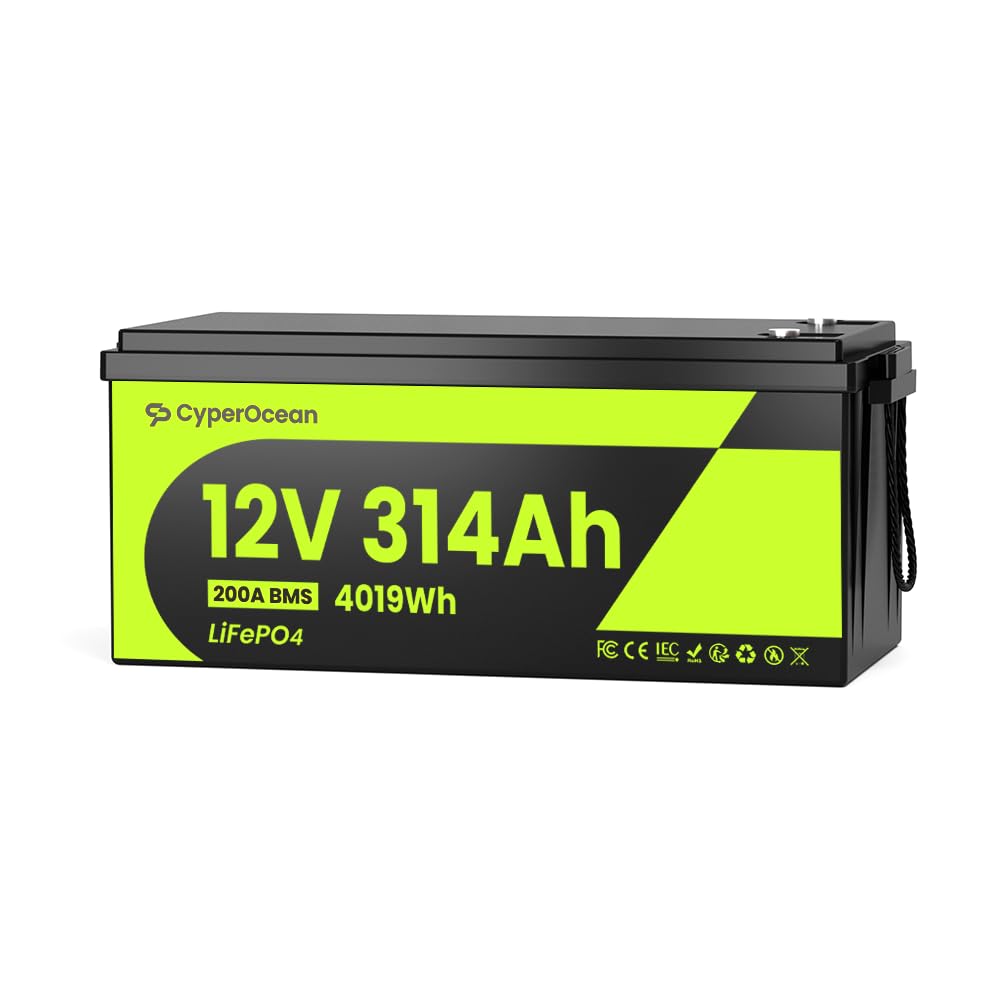 CyberOpean Batteria LiFePO4 12V 314Ah con BMS 200A, 4019Wh d