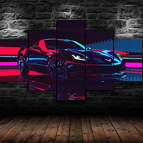 Tableau 5 pièces d'exception pour salon moderne avec impression artistique de voiture de sport