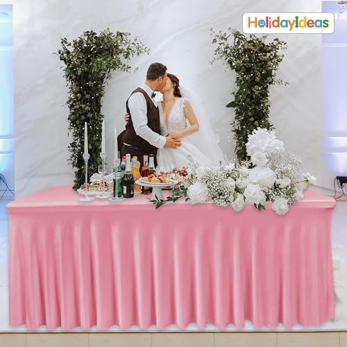 Image of HolidayIdeas 6 Pack 6ft Spandex Table Covers for Brithday Parties, Fitted Stretch Table Skirts 30x72 Inch, Wrinkle-Free Floor Length Tablecloths for Weddings, Banquets Events, Pink