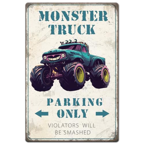 Hobbspring 1 panneau Monster Truck Parking Only 30x20cm Panneau en Métal Vintage Monster Jam pour Chambre à Coucher avec 4 trous Pré Percés pour Décoration Murale de la Maison