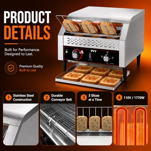 Image of PYY Commercial Conveyor Toaster 450pcs /h - Commercial Toaster for Toast, Bun, Bagel, Bread, Heavy Duty Stainless Steel Toaster Oven for Restaurant, Bakery, Buffet Use