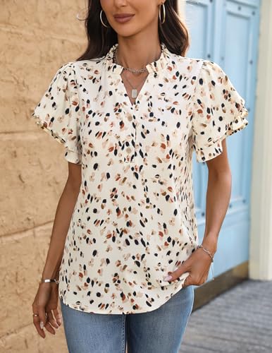 Womens Tops Dressy Casual Trendy Business Work Blouses Short Sleeve Ruffled V-Neck Tshirts4