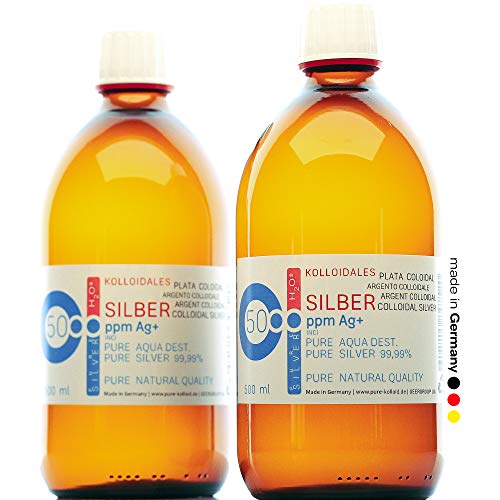 1000ml Plata coloidal PureSilverH2O / 2 x Botellas (cada 500ml/50ppm) Plata coloidal - 99,99% de plata pura - la mejor calidad - Made in Germany