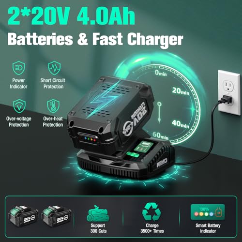 Image of KIMO Brushless Electric Chainsaw Cordless, 4.0Ah Battery & Fast Charger, Handheld Chain Saw with Auto Oiler, Battery Powered Chainsaw Electric for Tree Trimming, 54.5 FT /S Cutting Speed, 12 inch