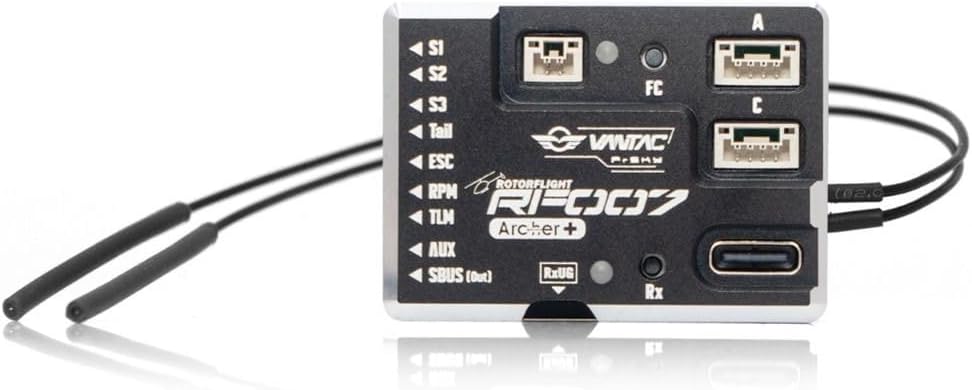 A dalt view of the FrSky VANTAC RF007 Flybarless System, showing the various servo and expansion ports.