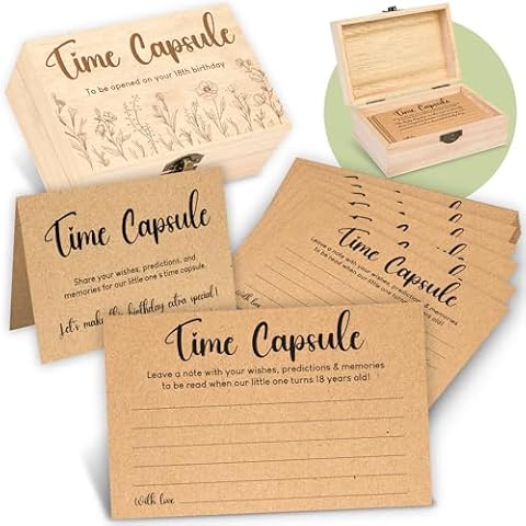 WOODAMORE Baby Time Capsule Box 1st Birthday Keepsake - Baby Time Capsule For First Birthday Party Games, 1st Birthday Activities For Party, Time Capsule Cards For 50 Guests, Baby Shower Game Cover