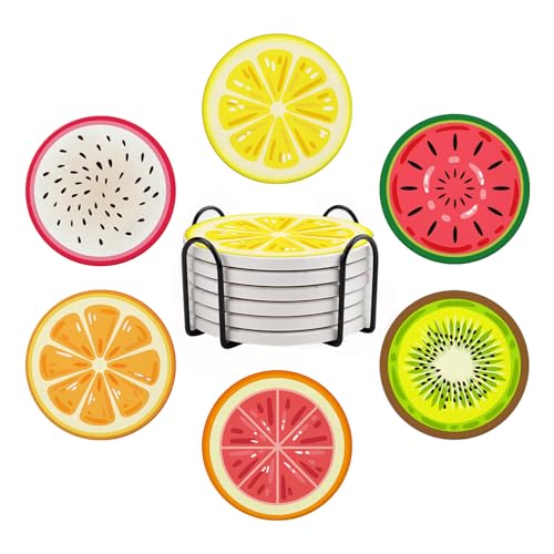Coasters for Drinks Set of 6, Cute Fruits Round Ceramic Coasters Summer Fruit Kitchen Decor with Cork Base and Metal Holder, Non-Slip Tabletop Protection Mat for Mugs Cups Coaster, Housewarming Gift