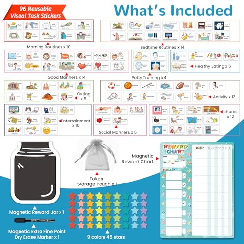 Image of JJPRO Magnetic Reward Chart for Kids with Reward Jar- Behavior Reward Chart System, Toddlers Daily Routine,Visual Schedule Board,96 Reusable Stickers& 45 Star Tokens to Motivate Responsibility-Blue