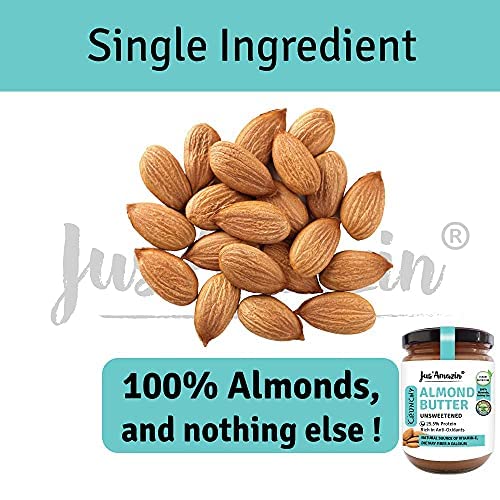 Image of Jus' Amazin Crunchy Almond Butter - Unsweetened (500 Gram) Pack Of 2|25% Protein|Only Whole Almonds (100% Pure)|Zero Additives|100% Natural|Dairy Free|Keto|Plant Based Nutrition|Clean Nutrition