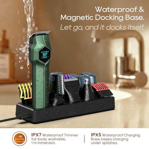 Image of Beard Trimmer for Men, Magnetic Snap-on Replacement Heads & Charging Dock, IPX7 Waterproof Cordless Hair Clippers, Mens Grooming Kits for Mustache /Body /Face /Ear /Nose, Olive Green