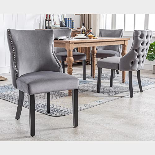 4 sillas de comedor de terciopelo gris, con acolchado de botones, estructura de madera maciza, gris, (juego de 4 unidades)