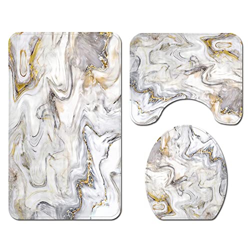 ERNZI Badematte mit Marmorstruktur,3-teiliges Badezimmerteppich,Rutschfester und weicher,saugfähiger Polyesterteppich,U-förmiger Konturteppich und Toilettendeckelbezug 01