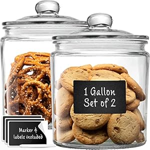 1 Gallon Glass Cookie Jars + Labels & Marker – Set of 2 Canister Sets for Kitchen Counter with Airtight Lids, Sugar Packet Holders Food Storage Containers with Lids Airtight for Pantry, Flour, Sugar,