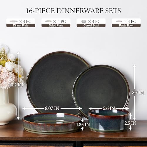 Image of E-far 16 Piece Dinnerware Sets, Plates and Bowls with Pasta Bowls Service for 4, Modern Stoneware Ribbed Dishes for Kitchen Dining, Microwave & Dishwasher Safe, Blackish Green