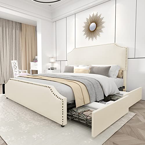 Buy Queen Size Bed Frame with 4 Storage Drawers and Headboard, Queen