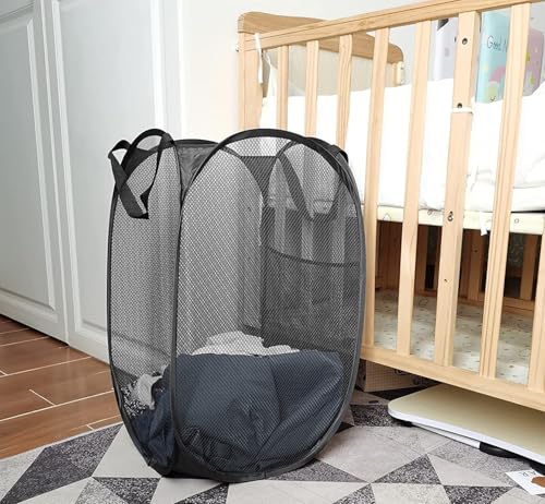 Image of Larpur Popup Mesh Laundry Basket, Collapsible and Portable Clothes Washing Laundry Hamper with Reinforced Carry Handle (Black)