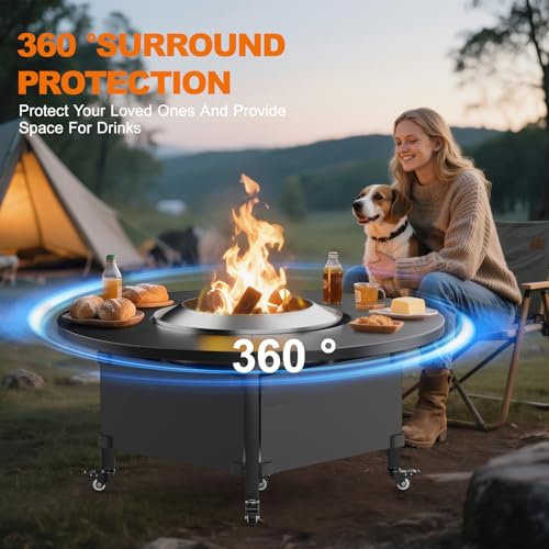 Image of Fire Pit Surround Tabletop for Solo Stove Bonfire,Foldable Surround Table with Wheels for Safety & Easy Clean,42 inch Powder-Coated Steel Wood Burning Stove Surround Table Top,Accessories for Solo Stove