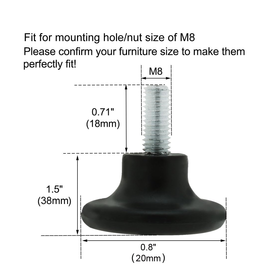 Sourcingmap M8 x 18 x 38mm Furniture Leveling Feet Adjustable Leveler Floor Protector for Table Desk Leg 8 Pack - Image 2
