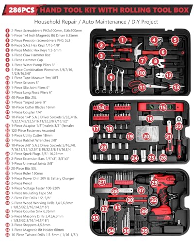 Image of KINGTOOL Home Tool Set Kit - 286 PCS Home Auto Repair Tool Kit with Rolling Tool Box, Mechanic Tool Sets with 21V Max Cordless Power drill, Perfect for Homeowner, Diyer, Handyman
